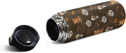 Coffee Print Insulated Water Bottle 18 Oz Stainless Steel Leak Proof Vacuum Easy to Clean Lightweight Keeps Cold and Hot Great for Travel Hiking Biking Running