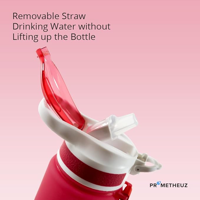 PROMETHEUZ Sports Water Intake Reminder Bottle with Time Marker and Straw, Leakproof Tritan BPA-Free, Fast Flow,Dark Pink Dark Purple, 32 oz