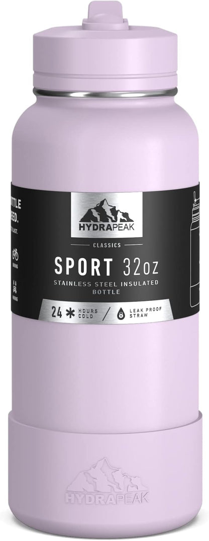 Hydrapeak 32oz Sport Insulated Water Bottle with Straw or Chug Lid, Leak & Spill Proof, Keeps Drinks Cold for 24 Hours, Hot for 12 Hours, Premium Stainless Steel Water Bottles (32oz, Blush)