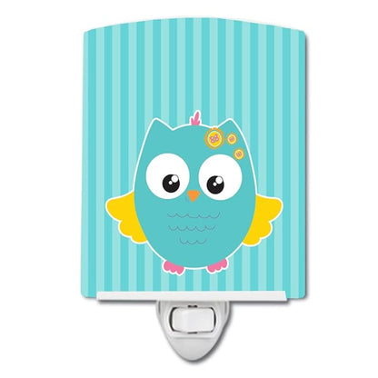Caroline's Treasures BB9116CNL Owl and Blue Stripes Ceramic Night Light Compact, UL-Certified, Ideal for Bedroom, Bathroom, Nursery, Hallway, Kitchen, 6x4x3, Multicolor