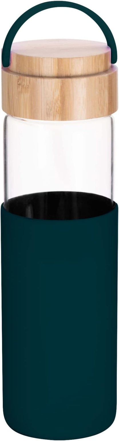 20 oz Borosilicate Glass Water Bottle with Leak-Proof Bamboo Lid and Silicone Handle and Protective Sleeve (TEAL) - BPA Free - Easy to Carry - Dishwasher Safe