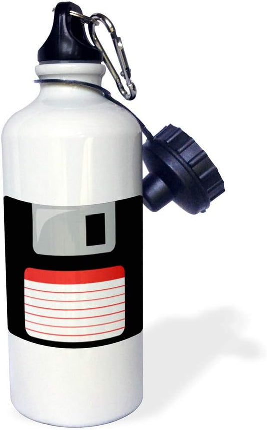 3dRose "Retro 90s computer black floppy disk graphic design with red label 1990s ninties computer tech" Sports Water Bottle, 21 oz, White