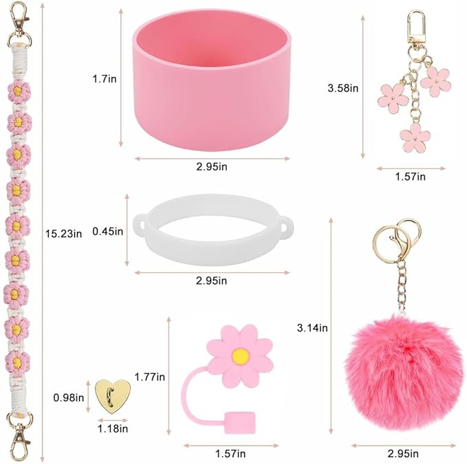 7PCS Water Bottle Cup Accessories Set for Stanley Cup 40oz & 30oz Tumbler, Including Water Bottle Handle Strap, Silicone Cup Boot, Silicone Straw Cover, Keychain Charms (Red)