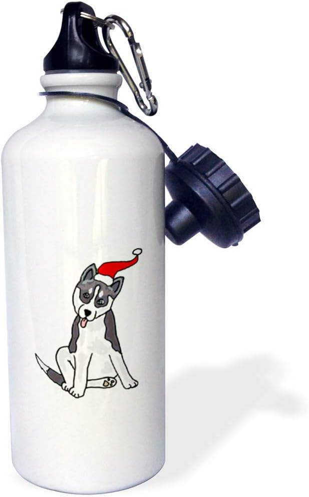 3dRose "Funny Grey Siberian Husky Dog in Santa Hat Christmas Art" Sports Water Bottle, 21 oz, White