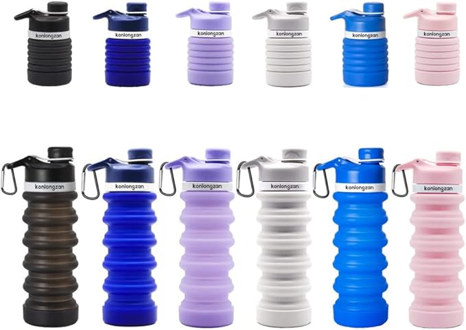 Collapsible Water Bottle Silicone Foldable Water Bottles Travel Water Bottles 550ml with Carabiner, Portable Sport Water Bottles for Camping,Hiking Sport. (Dark Blue)