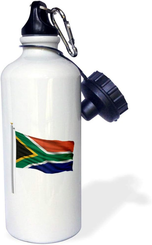 3dRose "Flag of South Africa on a flag pole over white African" Sports Water Bottle, 21 oz, White