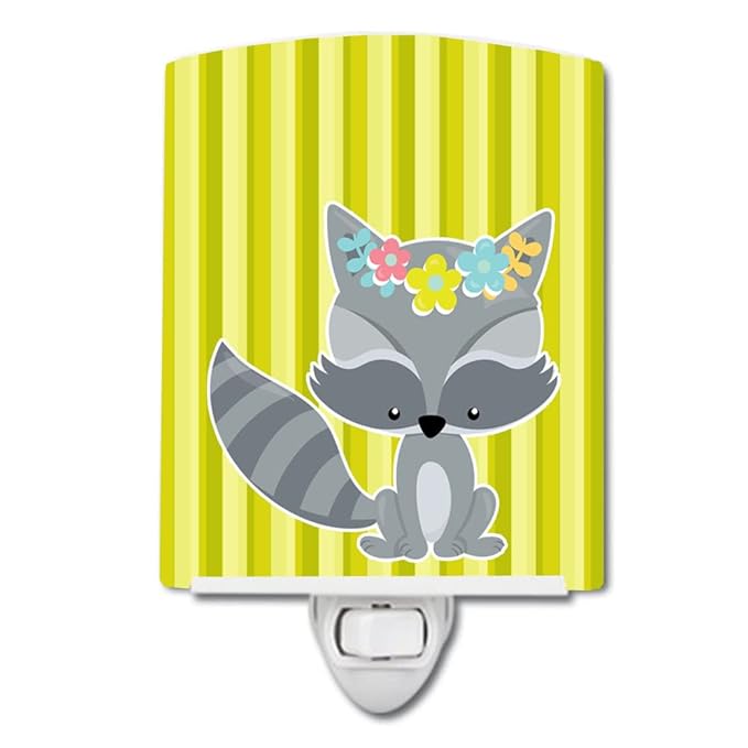 Caroline's Treasures BB7095CNL Raccoon with Flowers Ceramic Night Light Compact, UL-Certified, Ideal for Bedroom, Bathroom, Nursery, Hallway, Kitchen, 6x4x3, Multicolor