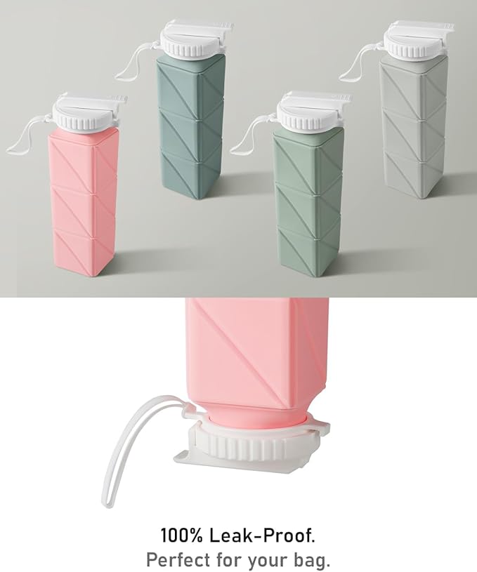 Opard Collapsible Water Bottles 21 Oz - BPA Free, Leak Proof, Foldable Silicone Collapse Water Bottle with Straw, Easy to Compact and Expandable, Travel Essentials Accessories