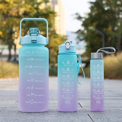 3 in 1 Set Sport Motivational Gradient With Straw Time Marker 64 oz Gradient Color 3 in 1 Set Gym water bottle blue