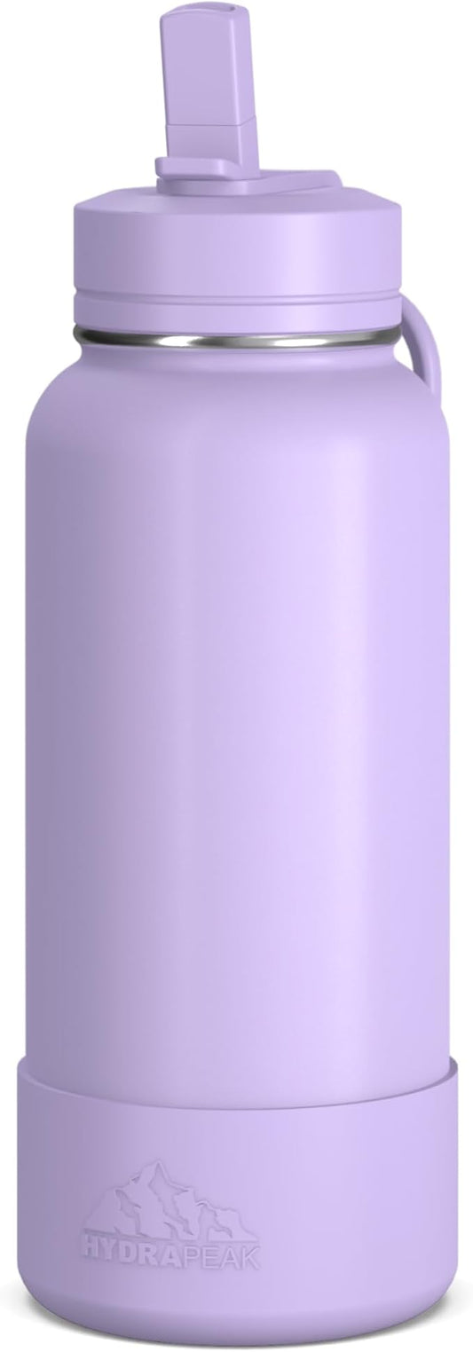 Hydrapeak 32oz Sport Insulated Water Bottle with Straw or Chug Lid, Leak & Spill Proof, Keeps Drinks Cold for 24 Hours, Hot for 12 Hours, Premium Stainless Steel Water Bottles (32oz, Dlavender)