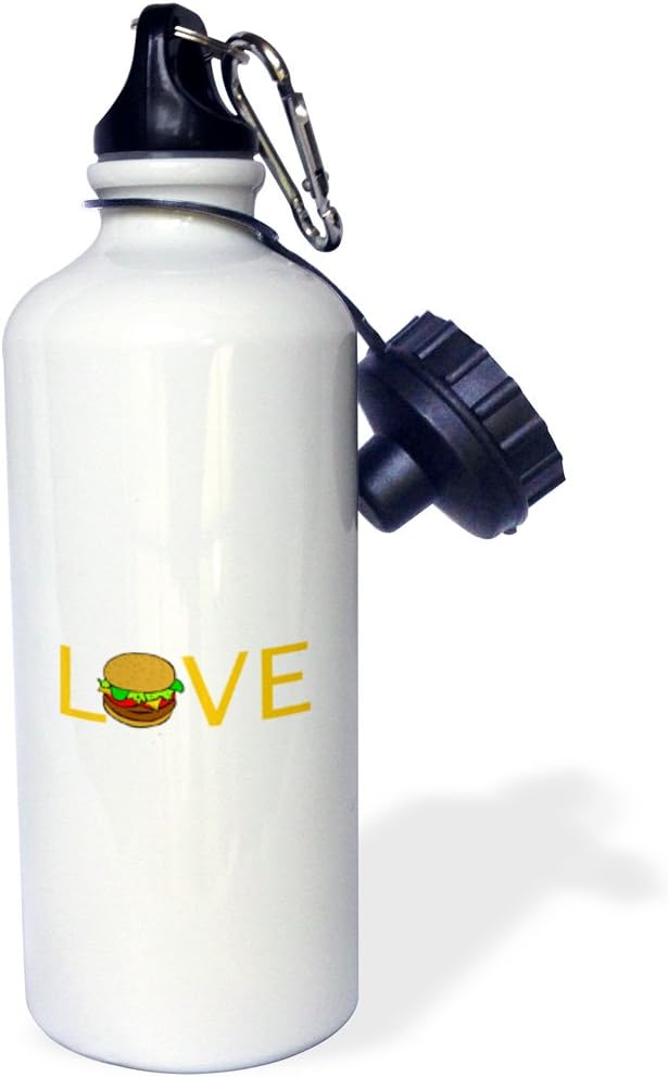 3dRose Love Burgers-yellow text with hamburger O-food foodie typography-Sports Water Bottle, 21oz , 21 oz, Multicolor