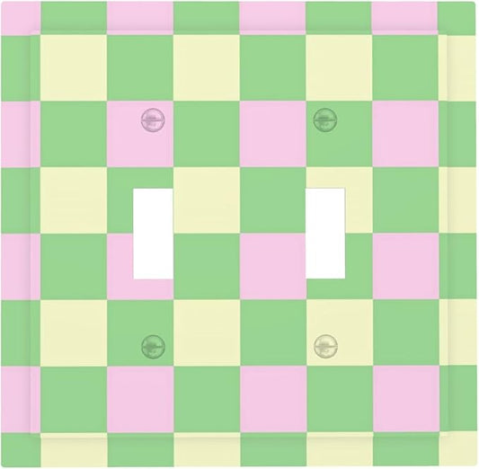 Checkered Gingham Double Toggle Light Switch Covers 2 Gang Wall Plate Dual Decorative Switchplate Electrical Faceplate for Bathroom Country Kitchen Bedroom Decor, 4.9" x 5"