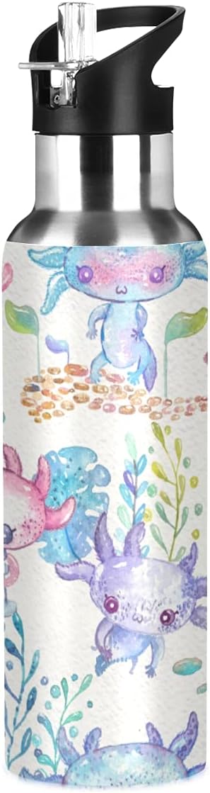 Axolotl Sports Water Bottle, Double Wall Vacuum Insulated Stainless Steel Water Bottle with Straw Keeps Hot and Cold, Bike Running Sports Travel Gym 20oz