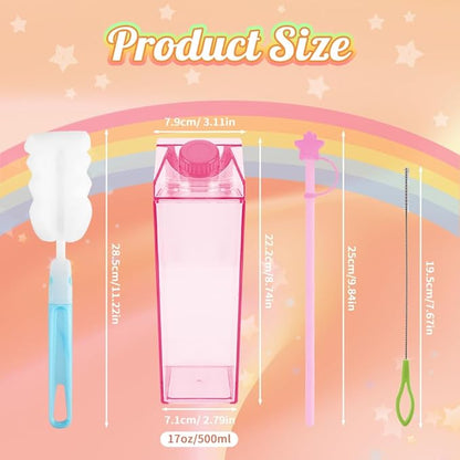 37PCS Milk Carton Square Water Bottle Set, Milk Carton Container 17oz for Refrigerator, Including Straw, Straw Lid, Straw Brush, Sponge Cup Brush, Cup Spout Brush, Label Sticker