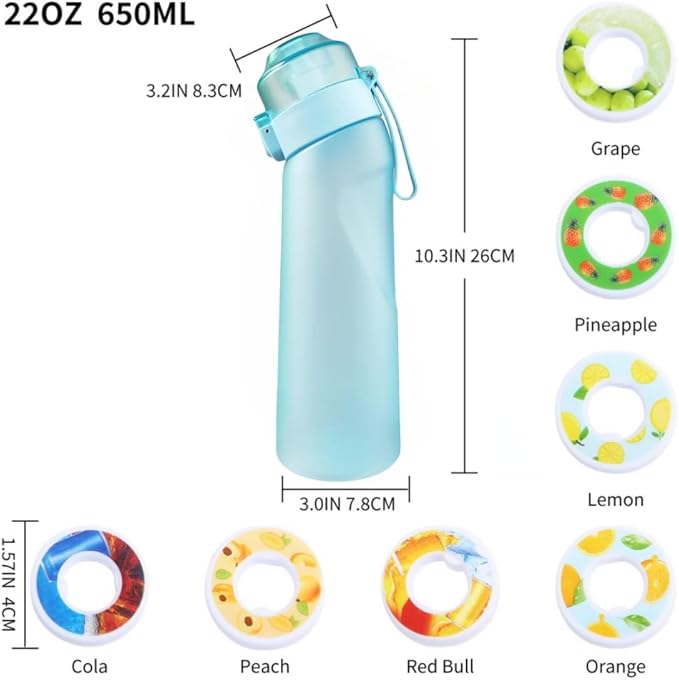Air Water Bottle 8PCS Flavor Pods 22oz Fruit Fragrance Scented Water Cup BPA Free 0% Sugar For Outdoor Sports,Gifts From Friends (1 bottle Matte Blue+7 pods in random flavors)