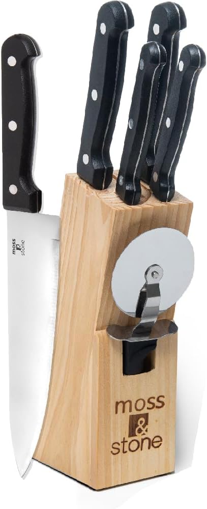Moss & Stone Stainless Steel Serrated Small Knife Set, Kitchen knives Set With High-Carbon Stainless Steel Blades & Wood Block Set, Cutlery Knife Set Small, Basics 7 Piece Kitchen Knifes