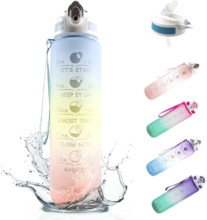 Prometheuz 32oz Water Bottle with Straw, Motivational Water Bottle with Time Marker, Leakproof & BPA-Free for Sports, Work and Fitness Baby Blue-Yellow-Pink