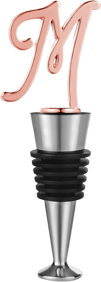 Monogram Wine and Beverage Bottle Stopper, Initial letter wine stoppers Decorative, Creative Wine Gift for Kitchen Bar Wedding Rose Gold Finish,Reusable, letter M