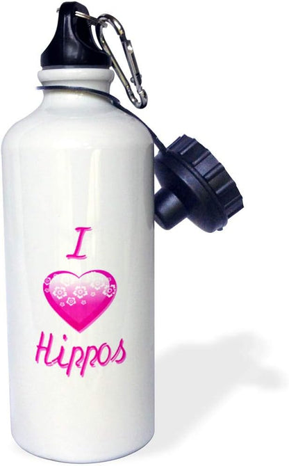 3dRose Pretty Pink Flowery I Love Hippos Sports Water Bottle, 21 oz, White