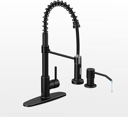 Oil Rubbed Bronze Single Handle Kitchen Faucet Set with Pull Down Sprayer and Soap Dispenser, 17-inch Tall
