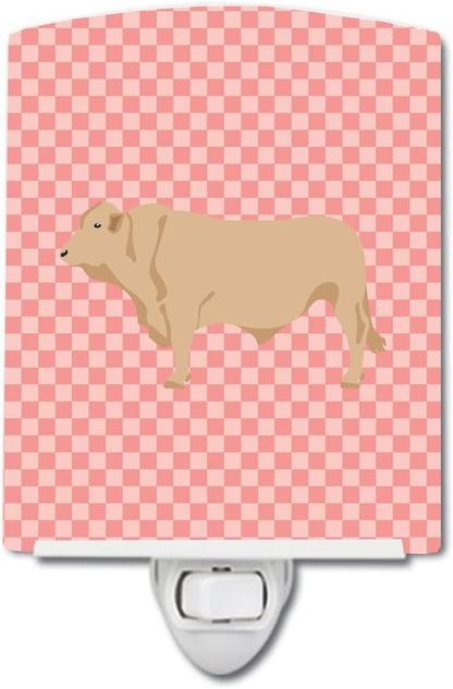 Caroline's Treasures BB7826CNL Charolais Cow Pink Check Ceramic Night Light Compact, UL-Certified, Ideal for Bedroom, Bathroom, Nursery, Hallway, Kitchen, 6x4x3, Multicolor