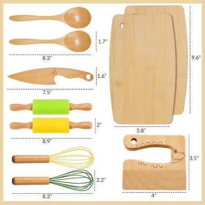 Wooden Kids Safe Knife and Kids Baking Set for Real Cooking, 10 PCS Toddler Montessori Kitchen Tools, Cooking and Baking for Kids Little Chefs Montessori Kitchen Tools for Toddlers-Kids Cooking Sets