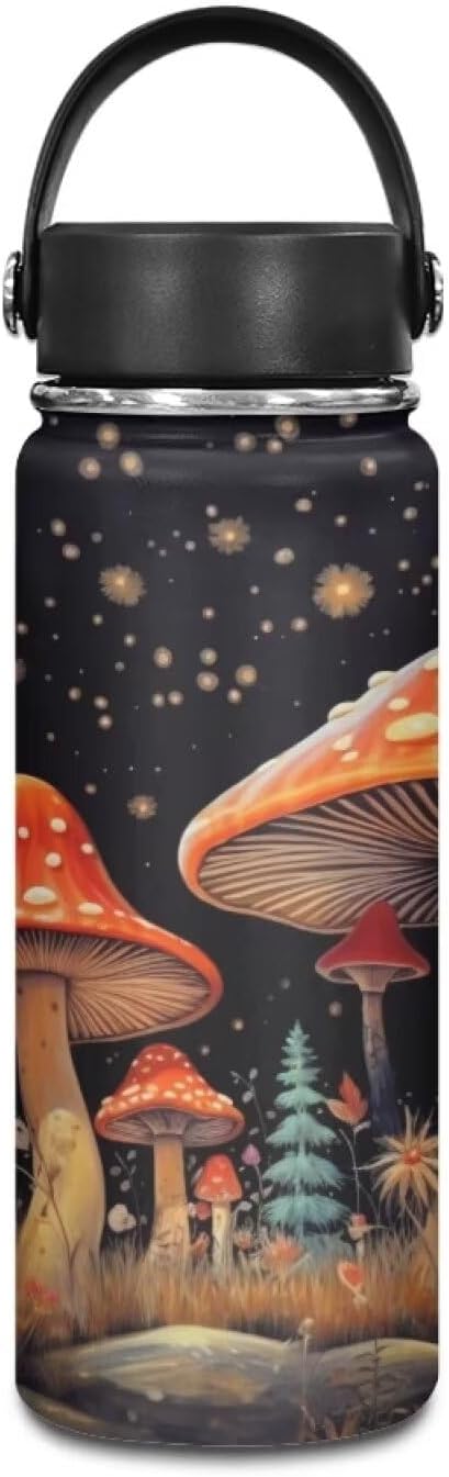 Mushroom Insulated Water Bottle for Women Men 18 Oz Vacuum Water Bottle for Hot & Cold Drinks, Wide Mouth, Great for Travel, Hiking & Camping