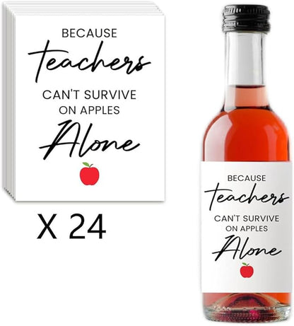24Pcs Teachers Wine Labels, Teachers Gifts for Teachers, Teacher Retirement Appreciation Farewell Birthday Gifts, Because Teachers Can't Survive On Apples Alone Mini Wine Bottle Stickers Labels