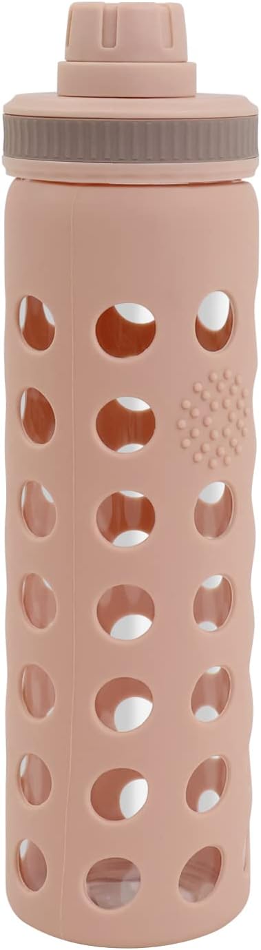 Modern-Depo 20oz Clear Glass Water Bottles Extra Lid Odor Proof and Stain Resistant Wide Mouth Reusable Fitness Sports Bottle with Sleeve, Motivational Water Jug, Khaki