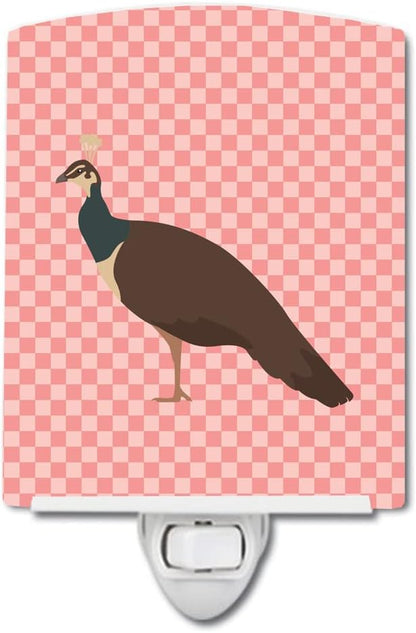 Caroline's Treasures BB7927CNL Indian Peahen Peafowl Pink Check Ceramic Night Light Compact, UL-Certified, Ideal for Bedroom, Bathroom, Nursery, Hallway, Kitchen, 6x4x3, Multicolor