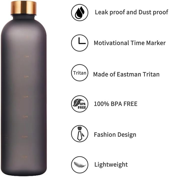 Fitness Sport Water Bottle with Carrying Strap 1000 ml / 32 oz With Time Marker Cute Motivational Water Bottles for Hiking,Travel, Sports, Home, School,Gym,Yoga,Office-Multicolor (Black)