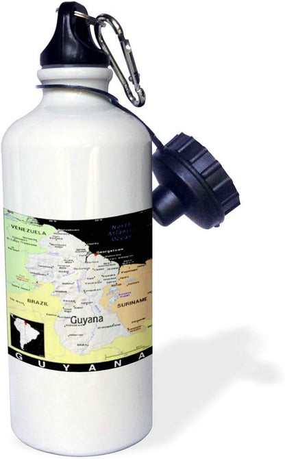 3dRose "Modern Map Of Guyana In Vivid Color" Sports Water Bottle, 21 oz, White
