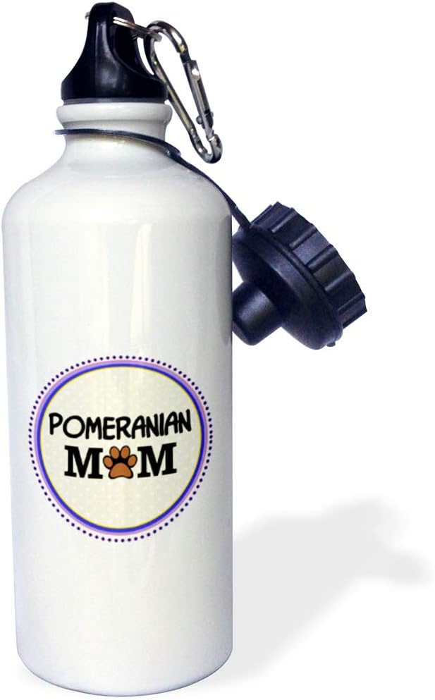 3dRose "Pomeranian Dog Mom-Pom Doggie mama by breed-paw print mum love-doggy lover pet owner circle" Sports Water Bottle, 21 oz, White