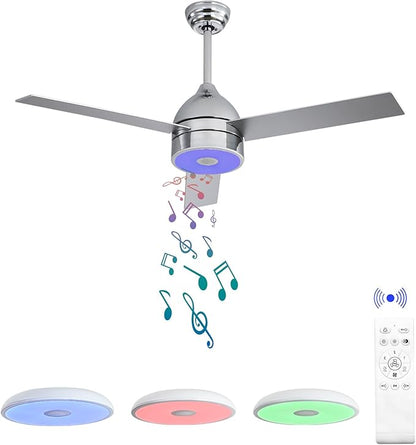 52 Inch Plated Finish Ceiling Fan with RGB Dimming LED Light,with Music Bluetooth Speaker,Remote Control,3-Speed Regulation,Reversible Motor,Timing,for Living Room,Bedroom,Restaurant,Outdoor