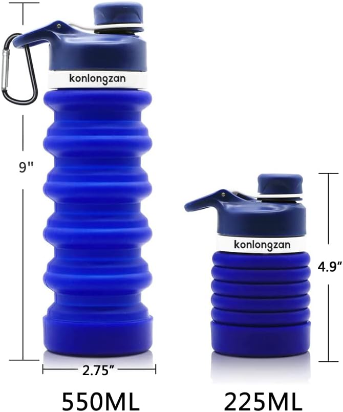 Collapsible Water Bottle Silicone Foldable Water Bottles Travel Water Bottles 550ml with Carabiner, Portable Sport Water Bottles for Camping,Hiking Sport. (Dark Blue)