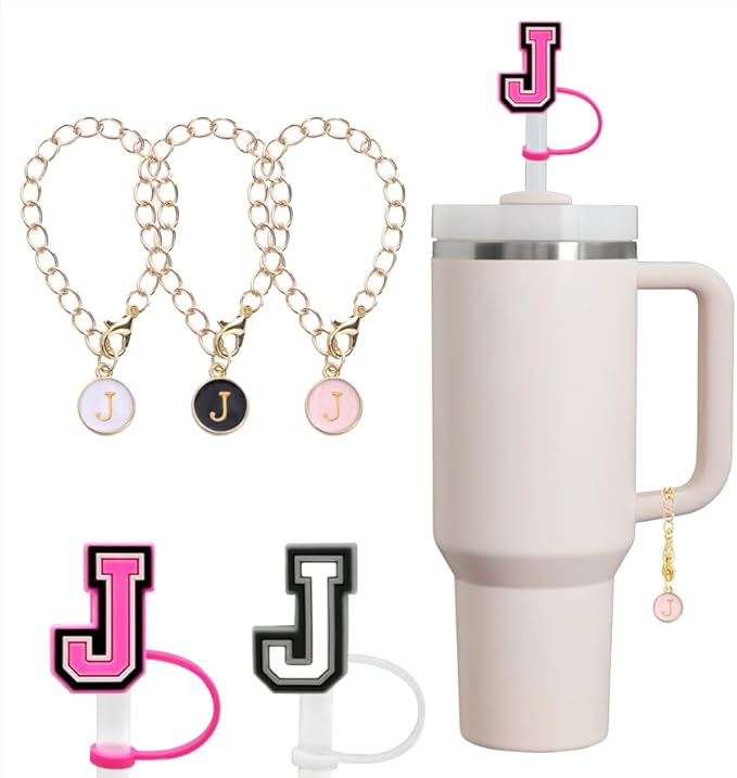 compaitable with stanley cup with accessories,30&40 oz,1 charm letter chain for handle with stanley straw top letter cover for stanley cup (j), small