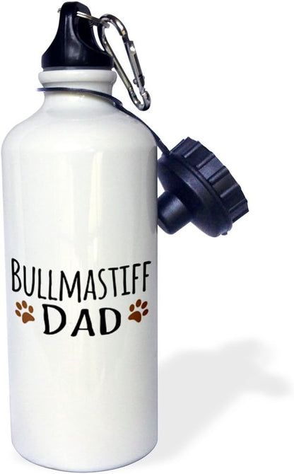 3dRose "Bullmastiff Dog Dad-Doggie by breed-brown muddy paw print love-doggy lover-proud pet owner" Sports Water Bottle, 21 oz, White