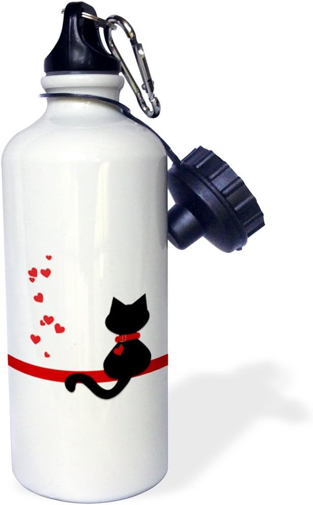 3dRose "Pet Lovers Red Hearts Black Kitty Cat" Sports Water Bottle, 21 oz, White