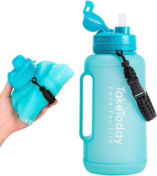 68 oz Collapsible Water Bottles With Straw, Half Gallon Water Bottle With Motivational Time Marker, Large Reusable Silicone Water Jug With Paracord Handle For Sports, Outdoors (Blue)