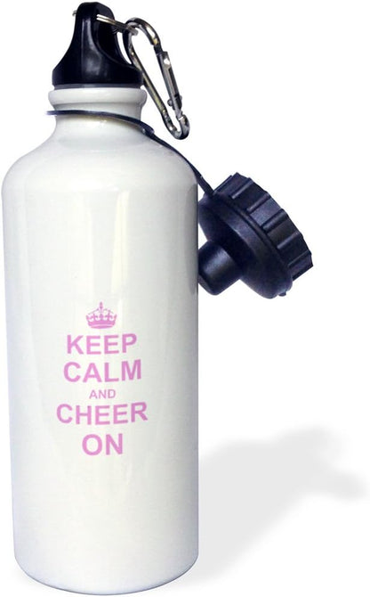 3dRose Keep Calm and Cheer on-Carry on Cheering-Gift for Cheerleaders-Pink Fun Funny Humor Humorous Sports Water Bottle, 21 oz, White