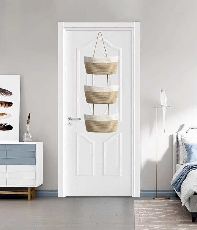 Hanging Baskets for Organizing,Bathroom Organizers and Storage,3-Tier Woven Cotton Wall-Mounted Storage Organizer Bag Decorative,Kitchen,Living Room,Bedroom,Nursery