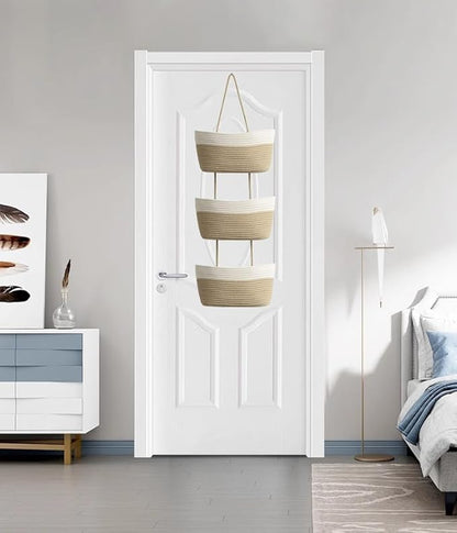 Hanging Baskets for Organizing,Bathroom Organizers and Storage,3-Tier Woven Cotton Wall-Mounted Storage Organizer Bag Decorative,Kitchen,Living Room,Bedroom,Nursery