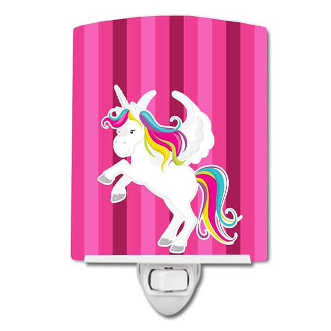 Caroline's Treasures BB9090CNL Unicorn Pink Stripes Ceramic Night Light Compact, UL-Certified, Ideal for Bedroom, Bathroom, Nursery, Hallway, Kitchen, 6x4x3, Multicolor