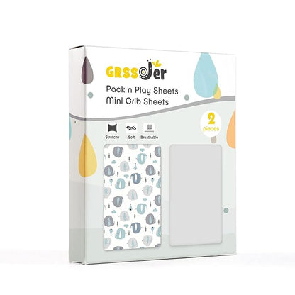 GRSSDER Stretchy Ultra Soft Jersey Knit Fitted Pack n Play Sheets Set 2 Pack, Portable/Mini Cribs Playards Sheets with Deep Pocket, Cute Elephant for Girls and Boys