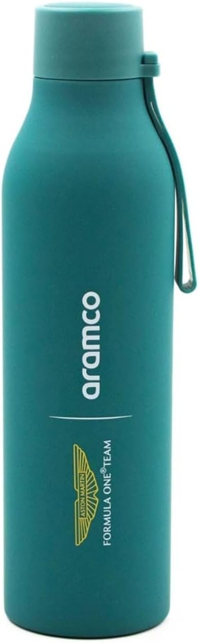 Aston Martin Team Logo water bottle, 2024 design, featuring Team and Sponsor logos on a steel bottle in Team colours, 500 ml capacity, with a loop strap for carrying, Official Merchandise