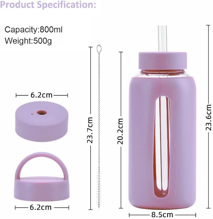 27 Oz Hydration Bottle,Minimalist Glass Water Bottle With Silicone Sleeve,Wide Mouth Opening With 2 Lids,Train Straws,Gift for Kids/Adults,Sport Glass Water Bottle for Gym/Yoga/Outdoor (PurPle, 27 oz)