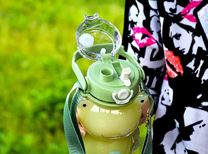 Cute Frog Water Bottle Portable Large Clear Sports Water Bottles with Straw and Strap 29oz for Girls,Women
