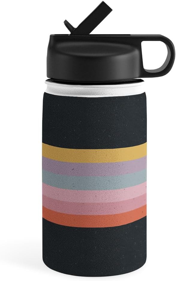 Deny Designs Water Bottle, Straw Lid 12 oz, Emanuela Carratoni Retro Rainbow on Black