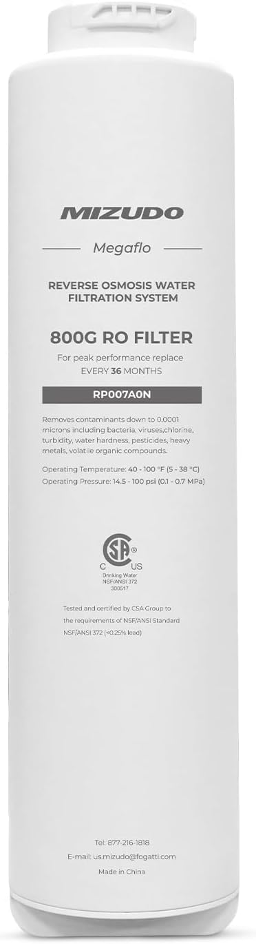 800GPD RO Filter, Replacement for MIZUDO Megaflo 800GPD Reverse Osmosis System, 36-month Lifetime, 0.0001 Micron RO Membrane