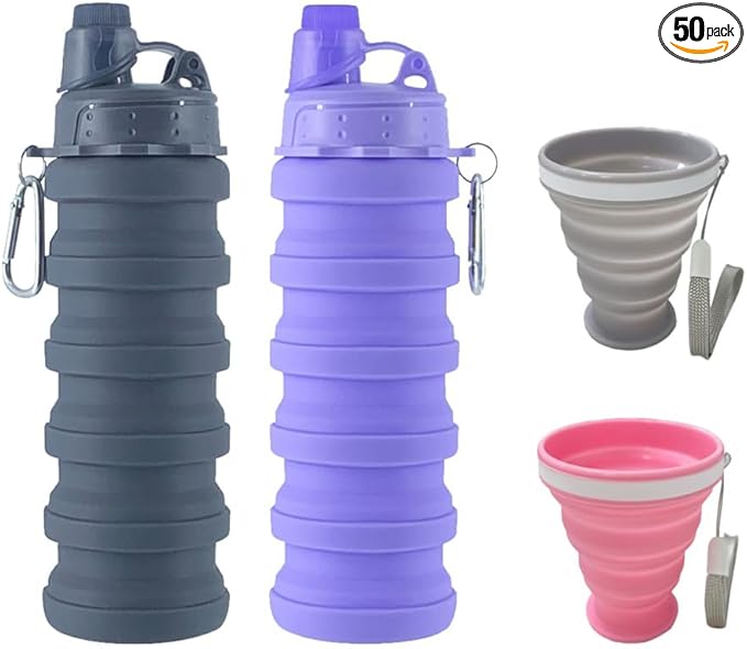 Collapsible Water Bottles 500 ml 2 pack with silicone collapsible cup 200 ml 2 pack,Travel Water Bottle Portable Hiking Water Bottle Reusable BPA Free Silicone Water Bottles.(Colorful)